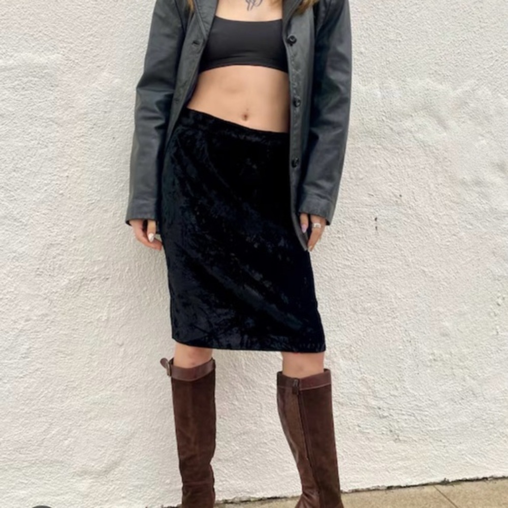 New Y2K 90s Wet Seal Black Crushed Velvet Stretchy Pencil Midi Skirt M